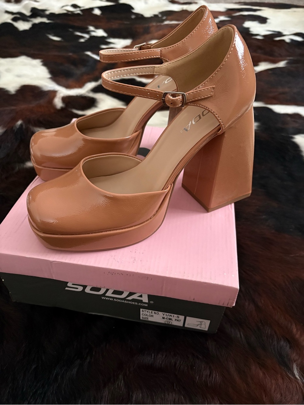 Soda Patent Platform Mary Jane Heels in Nude Tan